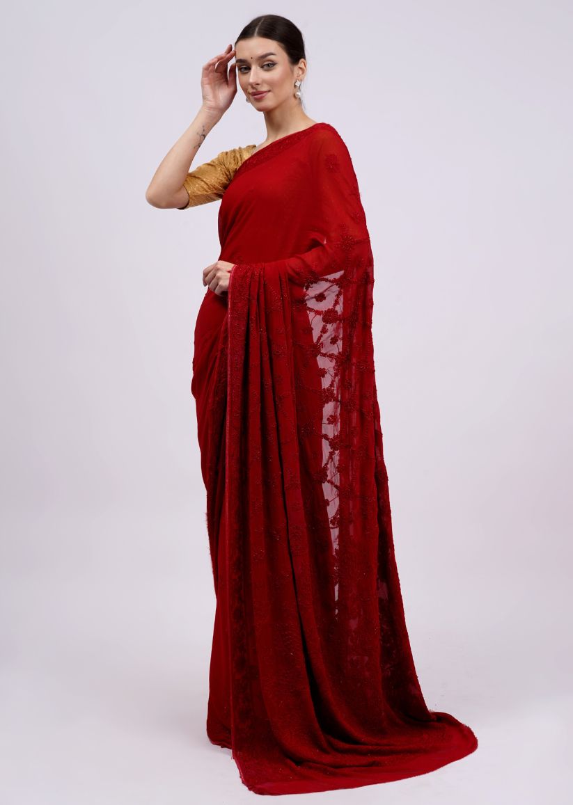 Firgun Red Lucknowi Chikankari Viscose Georgette Saree with Unstitched Blouse Piece