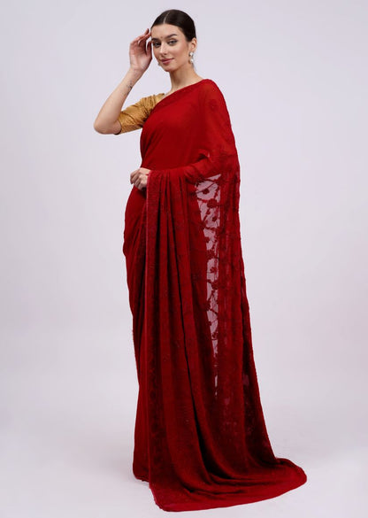 Firgun Red Lucknowi Chikankari Viscose Georgette Saree with Unstitched Blouse Piece