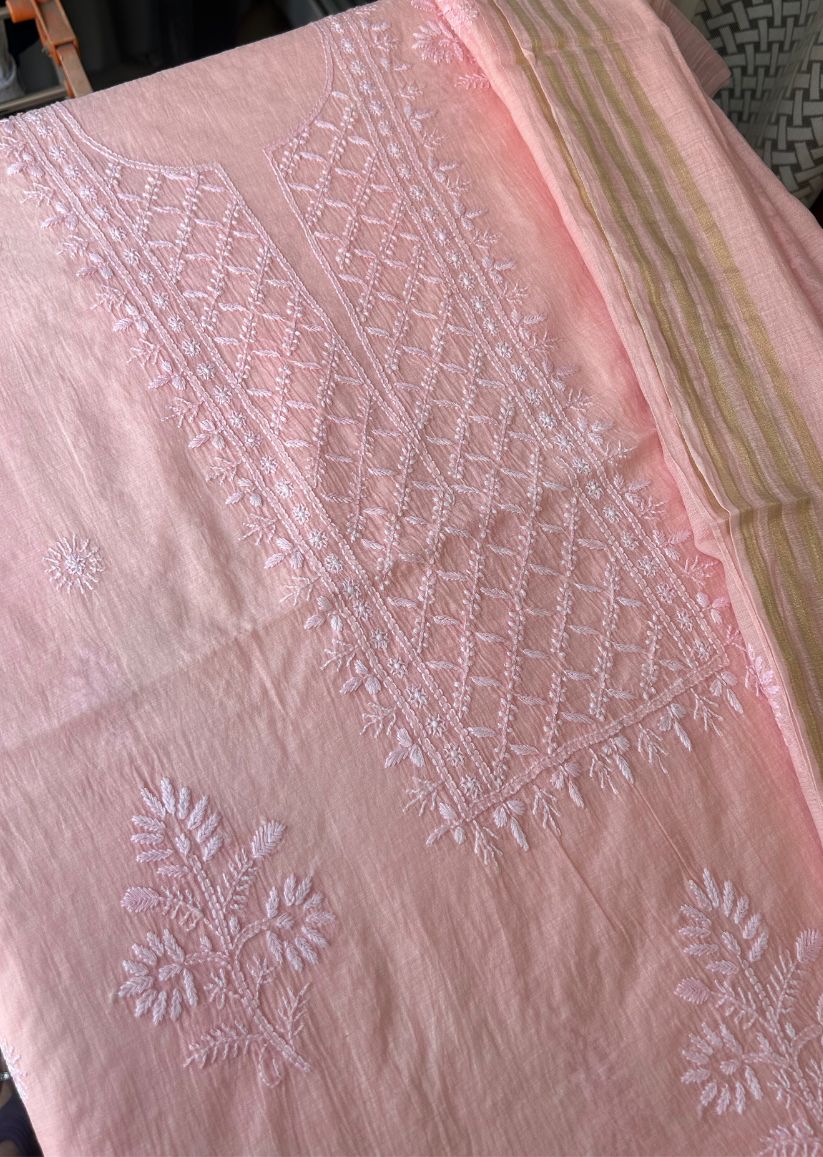 Firgun Peach Lucknowi Chikankari Mul Chanderi Unstitched Kurta & Dupatta Set