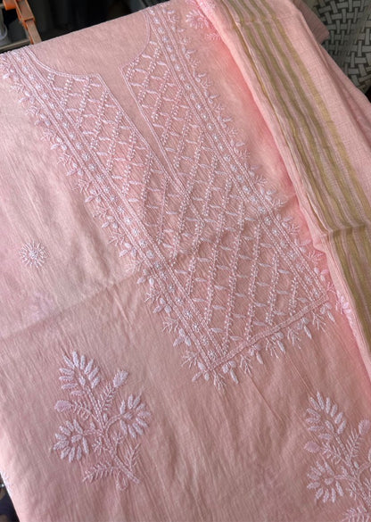 Firgun Peach Lucknowi Chikankari Mul Chanderi Unstitched Kurta & Dupatta Set