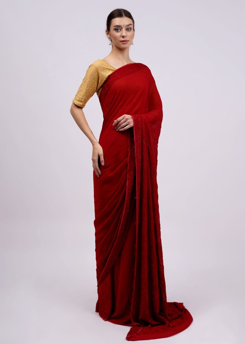 Firgun Red Lucknowi Chikankari Viscose Georgette Saree with Unstitched Blouse Piece