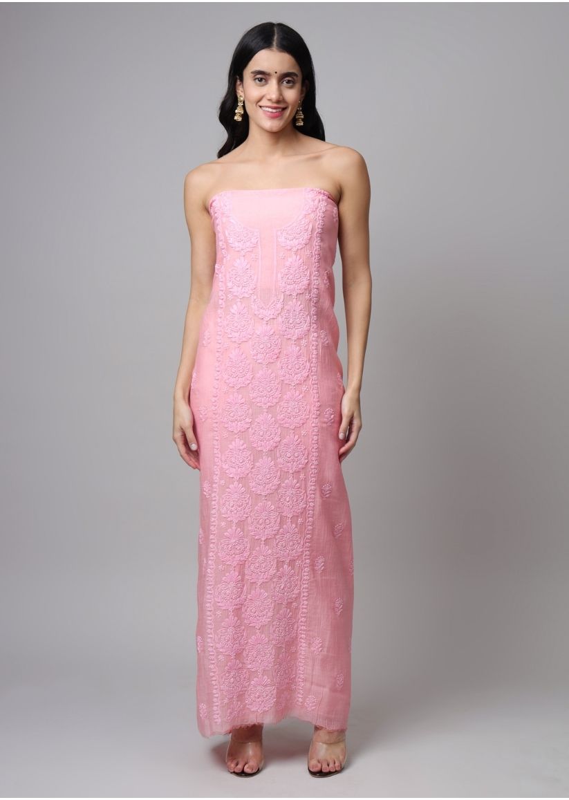 Firgun Rose Pink Lucknowi Chikankari Mul Chanderi Unstitched Kurta & Dupatta Set