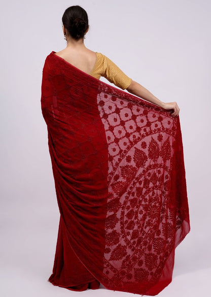 Firgun Red Lucknowi Chikankari Viscose Georgette Saree with Unstitched Blouse Piece