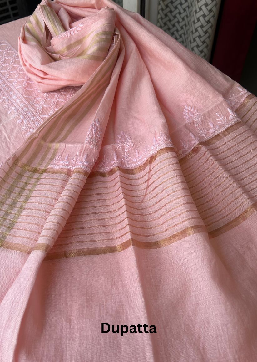 Firgun Peach Lucknowi Chikankari Mul Chanderi Unstitched Kurta & Dupatta Set
