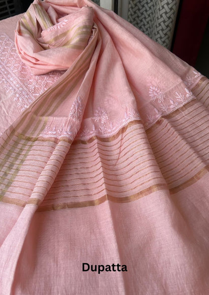 Firgun Peach Lucknowi Chikankari Mul Chanderi Unstitched Kurta & Dupatta Set