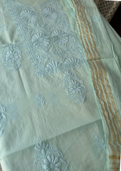 Firgun Powder Blue Lucknowi Chikankari Mul Chanderi Unstitched Kurta & Dupatta Set