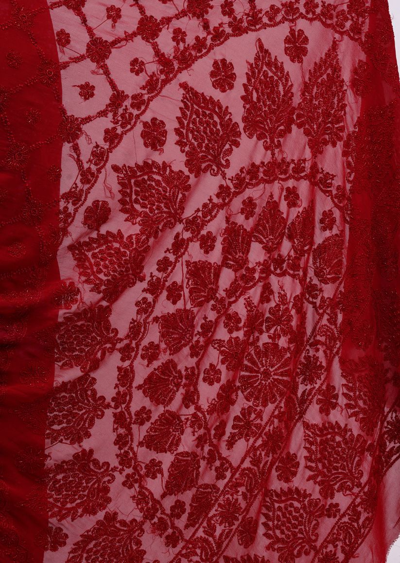 Firgun Red Lucknowi Chikankari Viscose Georgette Saree with Unstitched Blouse Piece