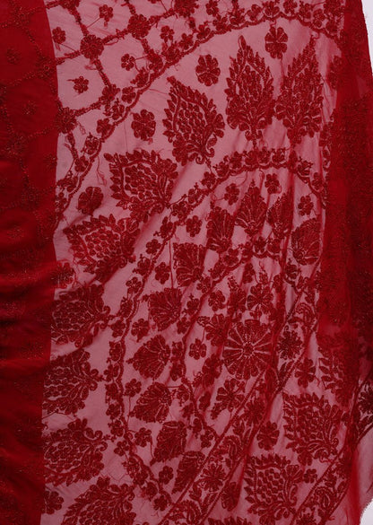 Firgun Red Lucknowi Chikankari Viscose Georgette Saree with Unstitched Blouse Piece