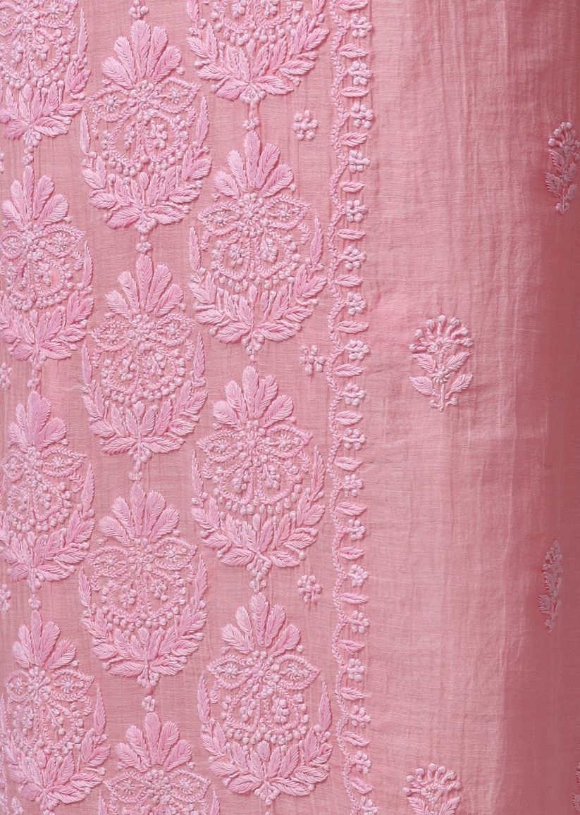 Firgun Rose Pink Lucknowi Chikankari Mul Chanderi Unstitched Kurta & Dupatta Set