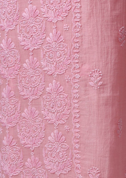 Firgun Rose Pink Lucknowi Chikankari Mul Chanderi Unstitched Kurta & Dupatta Set