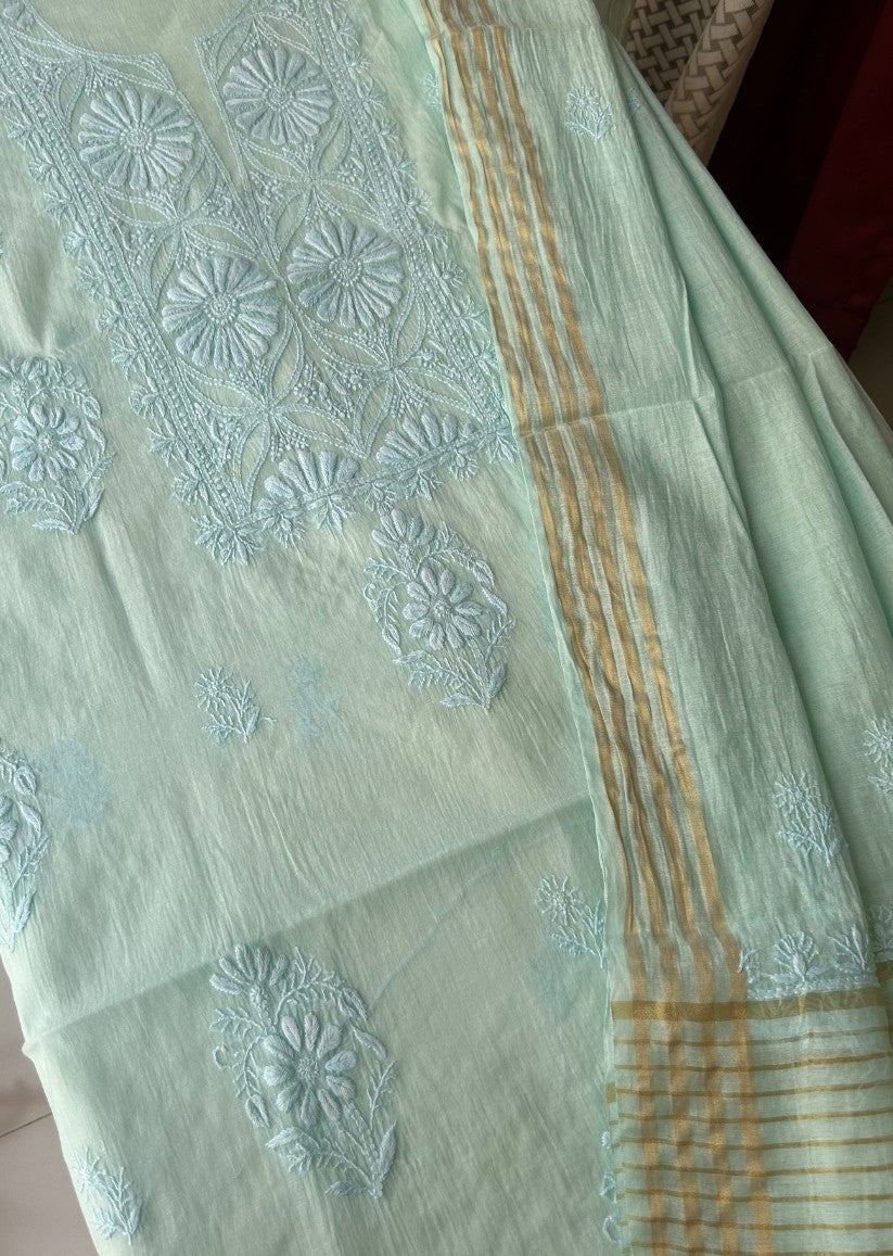 Firgun Powder Blue Lucknowi Chikankari Mul Chanderi Unstitched Kurta & Dupatta Set