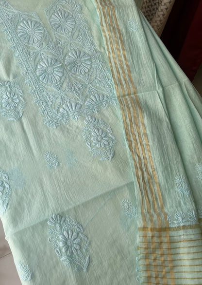 Firgun Powder Blue Lucknowi Chikankari Mul Chanderi Unstitched Kurta & Dupatta Set