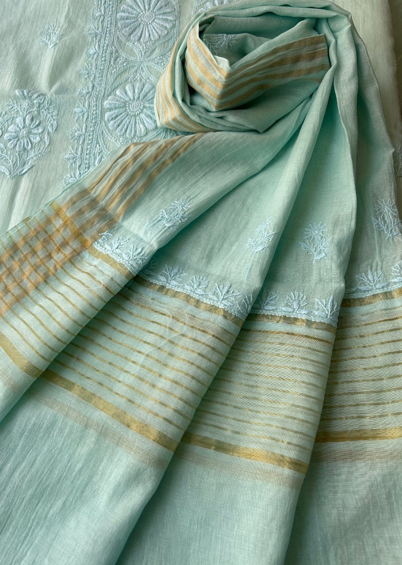 Firgun Powder Blue Lucknowi Chikankari Mul Chanderi Unstitched Kurta & Dupatta Set