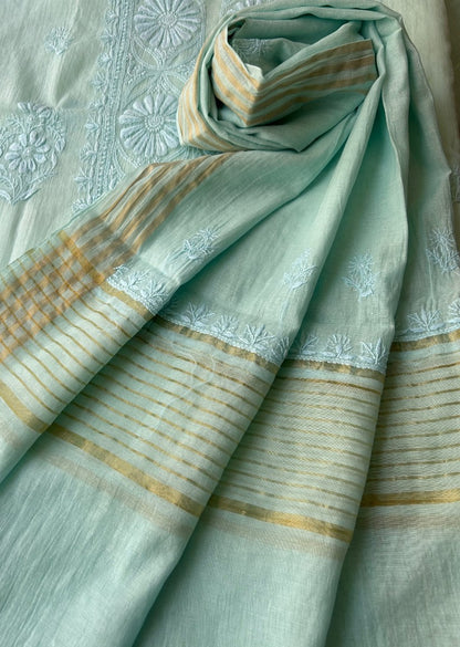 Firgun Powder Blue Lucknowi Chikankari Mul Chanderi Unstitched Kurta & Dupatta Set