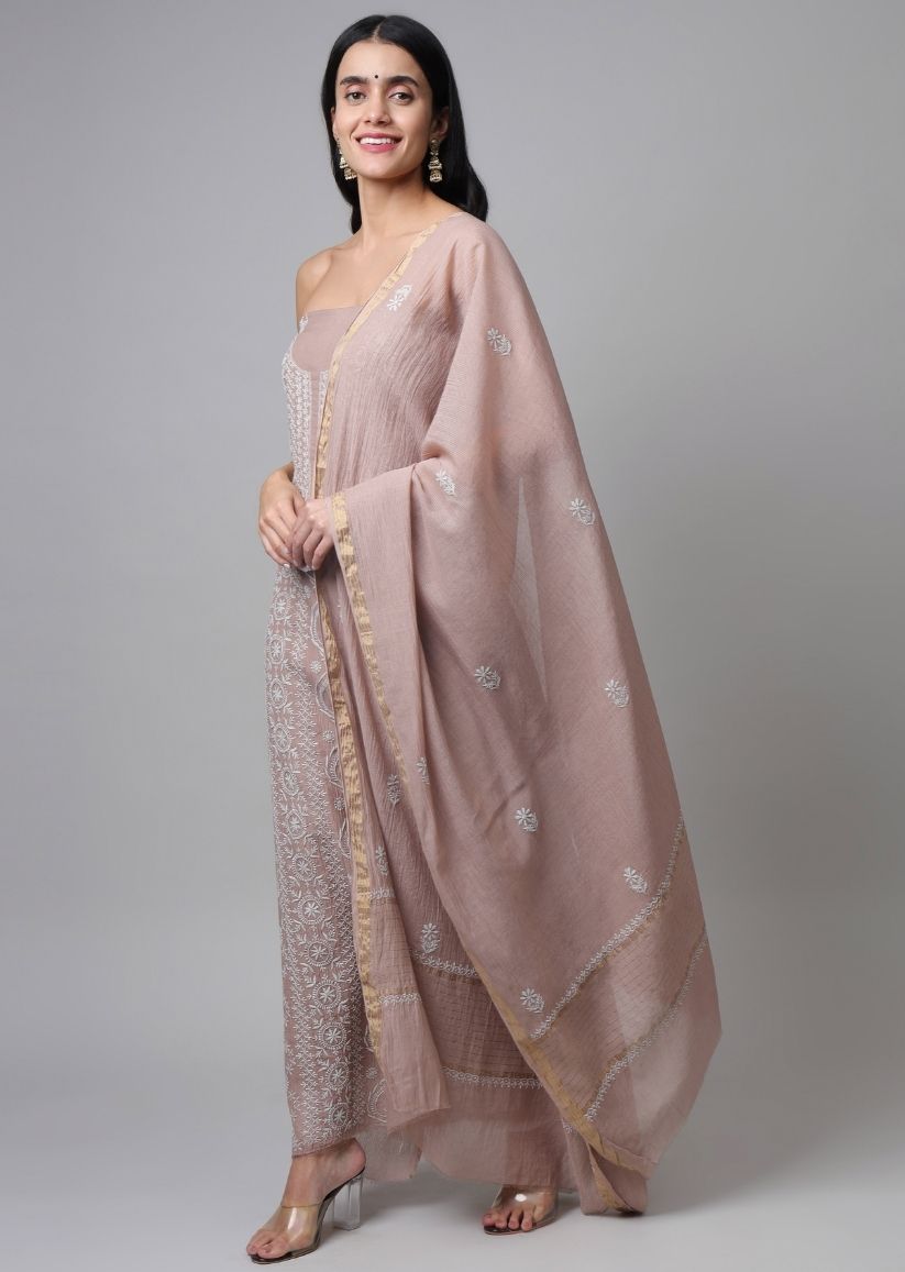 Firgun Mouse Lucknowi Chikankari Maheshwari Cotton Unstitched Kurta & Dupatta Set