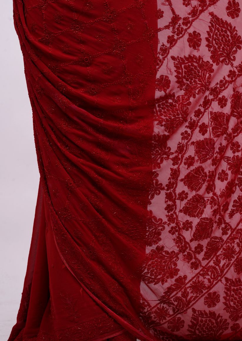 Firgun Red Lucknowi Chikankari Viscose Georgette Saree with Unstitched Blouse Piece