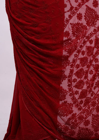 Firgun Red Lucknowi Chikankari Viscose Georgette Saree with Unstitched Blouse Piece