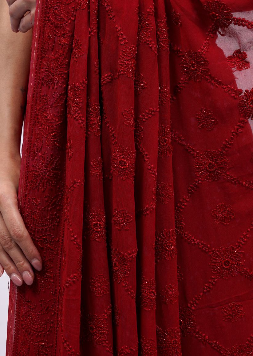 Firgun Red Lucknowi Chikankari Viscose Georgette Saree with Unstitched Blouse Piece
