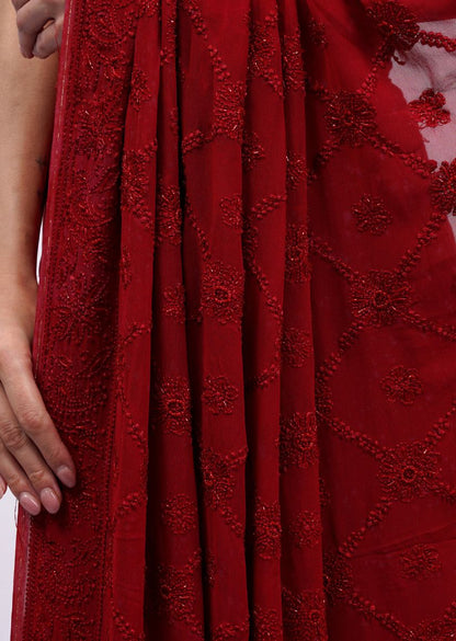 Firgun Red Lucknowi Chikankari Viscose Georgette Saree with Unstitched Blouse Piece