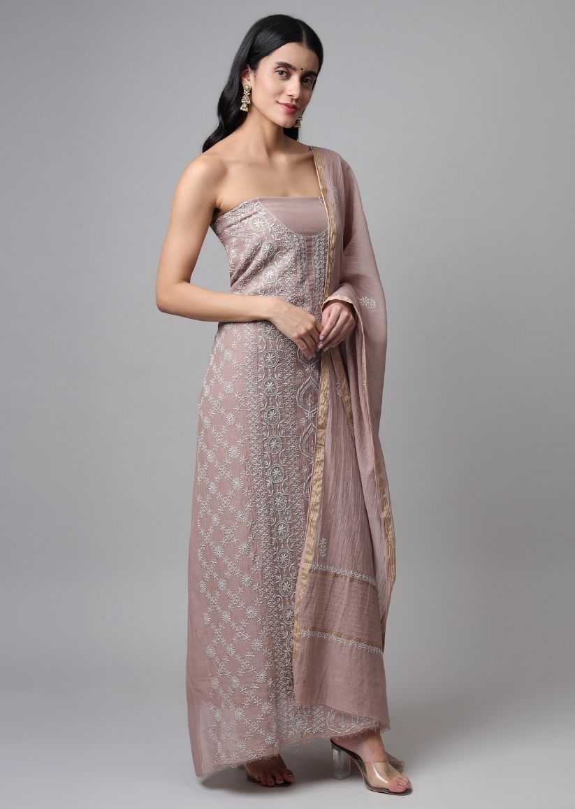 Firgun Mouse Lucknowi Chikankari Maheshwari Cotton Unstitched Kurta & Dupatta Set