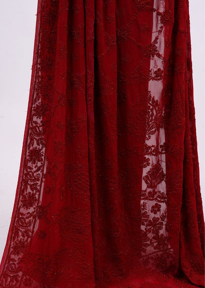 Firgun Red Lucknowi Chikankari Viscose Georgette Saree with Unstitched Blouse Piece
