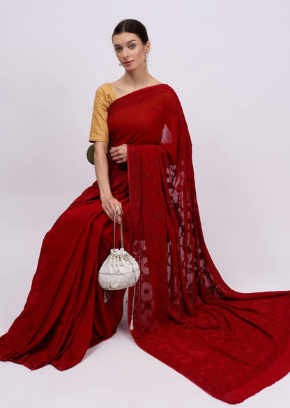 Firgun Red Lucknowi Chikankari Viscose Georgette Saree with Unstitched Blouse Piece