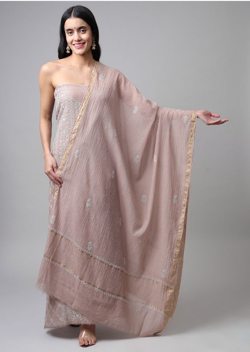 Firgun Mouse Lucknowi Chikankari Maheshwari Cotton Unstitched Kurta & Dupatta Set