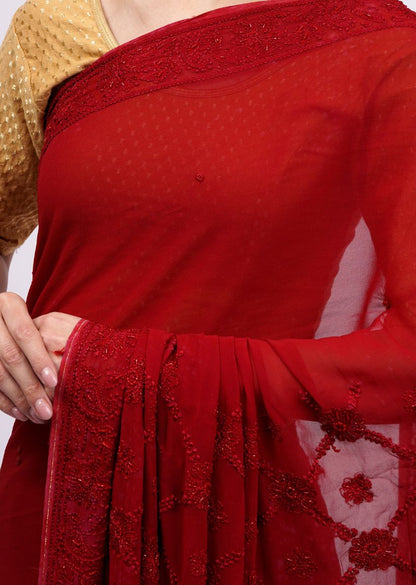 Firgun Red Lucknowi Chikankari Viscose Georgette Saree with Unstitched Blouse Piece