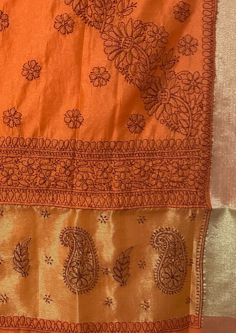 Firgun Tangerine Lucknowi Chikankari Chanderi Saree with Unstitched Blouse Piece