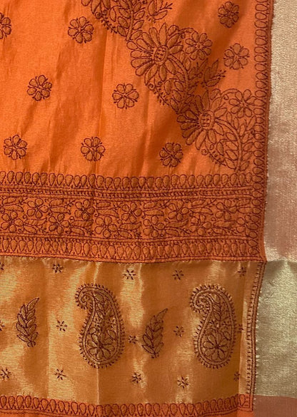 Firgun Tangerine Lucknowi Chikankari Chanderi Saree with Unstitched Blouse Piece