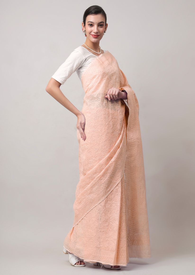 Firgun Hand Embroidered Peach Lucknowi Chikankari Kota Doria Tepchi Work Saree with Blouse Piece