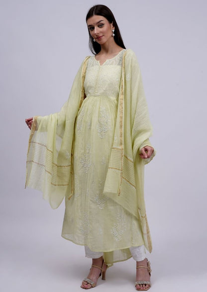 Firgun Pista Green Lucknowi Chikankari Viscose Mul Chanderi Semi-stitched Anarkali & Dupatta Set