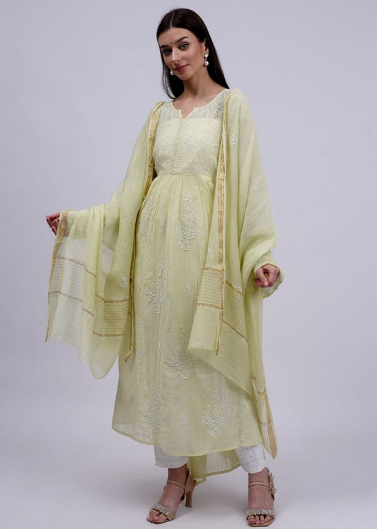 Firgun Pista Green Lucknowi Chikankari Viscose Mul Chanderi Semi-stitched Anarkali & Dupatta Set