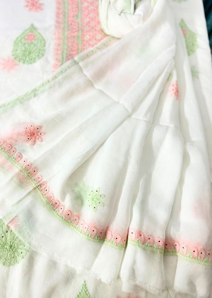 Firgun White Lucknowi Chikankari & Mukaish Work Viscose Georgette Unstitched Kurta & Dupatta Set