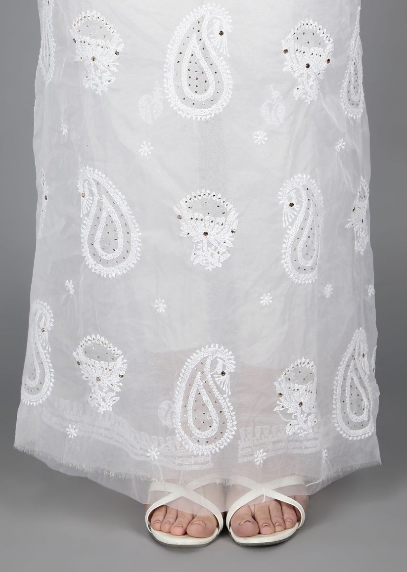 Firgun White Lucknowi Chikankari and Mukaish Work Organza Unstitched Kurta & Dupatta Set