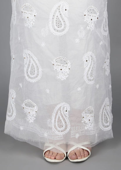 Firgun White Lucknowi Chikankari and Mukaish Work Organza Unstitched Kurta & Dupatta Set