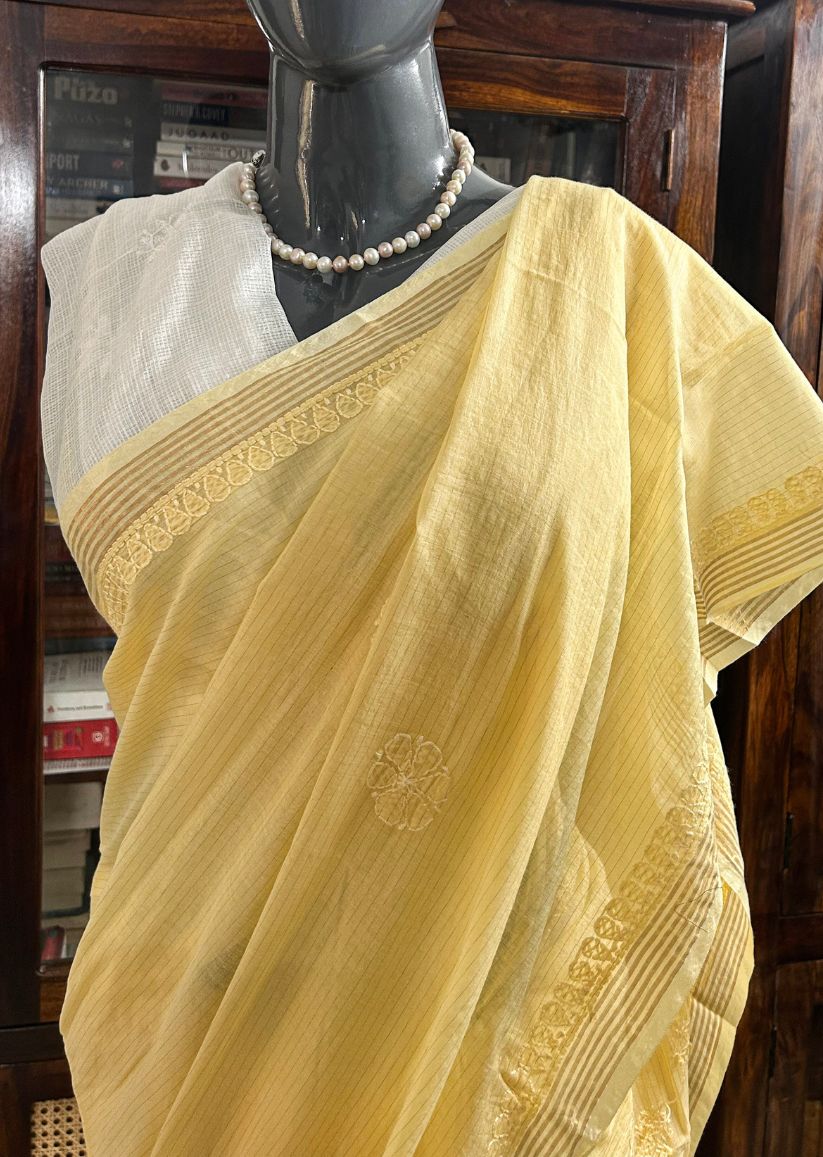 Firgun Mustard Lucknowi Chikankari Mul Cotton Saree with Unstitched Blouse Piece