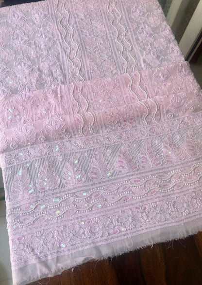 Firgun Baby Pink Lucknowi Chikankari Viscose Georgette Unstitched Kurta & Dupatta Set