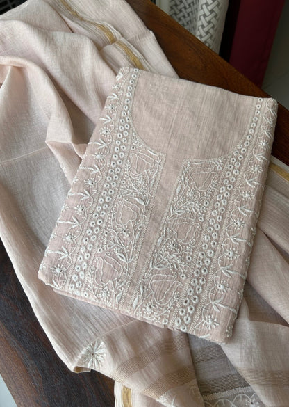 Firgun Dusty Beige Jaal Lucknowi Chikankari Mul Chanderi Unstitched Kurta & Dupatta Set