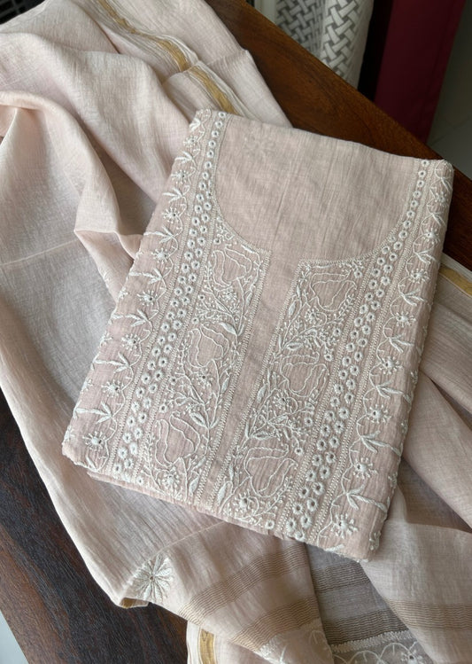 Firgun Dusty Beige Jaal Lucknowi Chikankari Mul Chanderi Unstitched Kurta & Dupatta Set
