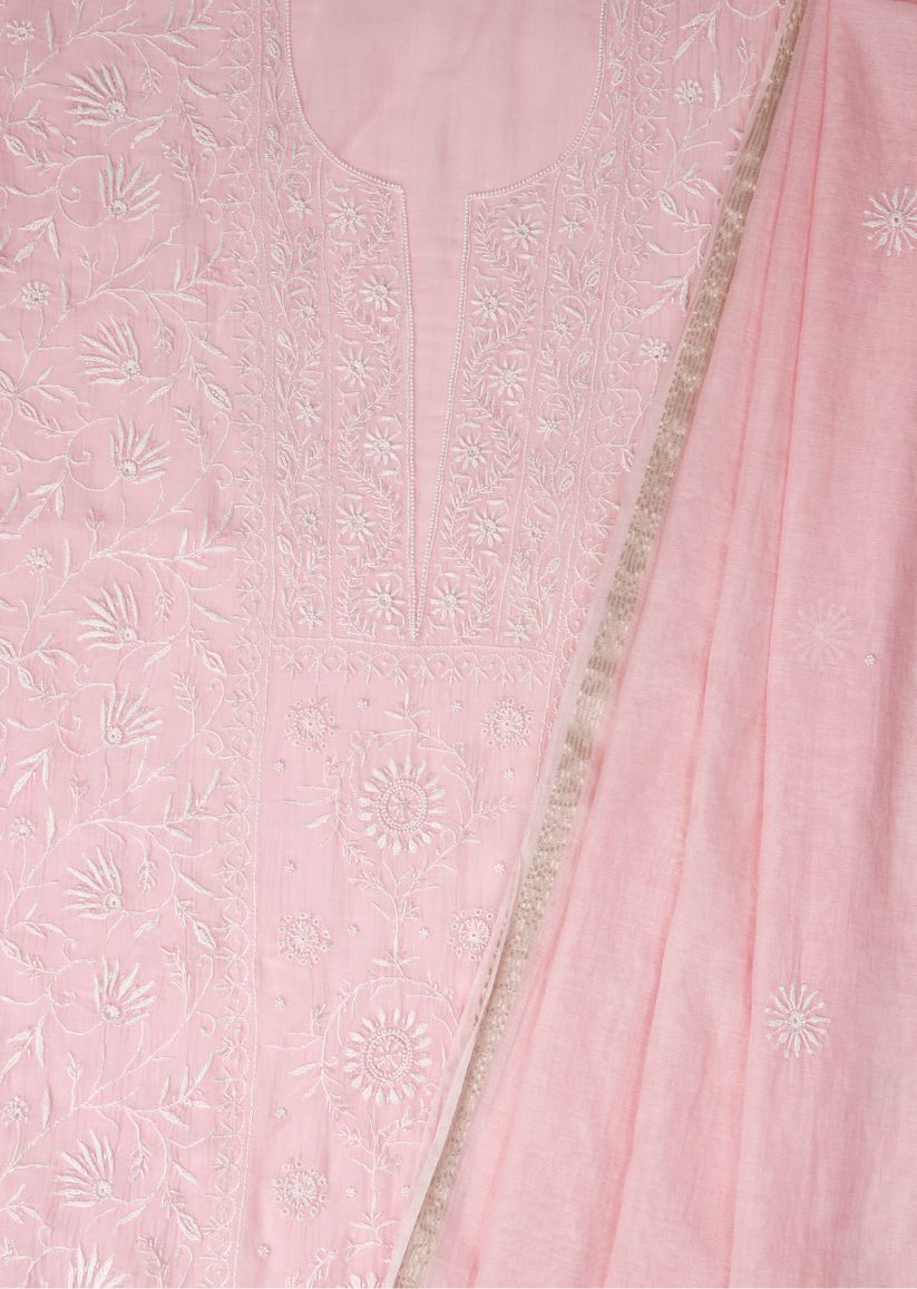 Firgun Baby Pink Lucknowi Chikankari & Pearl Work Mul Chanderi Unstitched Kurta & Dupatta Set