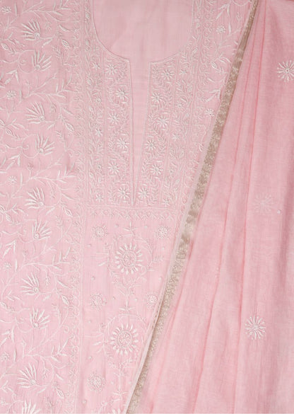 Firgun Baby Pink Lucknowi Chikankari & Pearl Work Mul Chanderi Unstitched Kurta & Dupatta Set