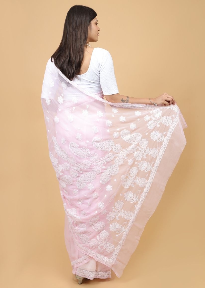 Firgun Blush Pink Lucknowi Chikankari Georgette Saree with Unstitched Blouse Piece