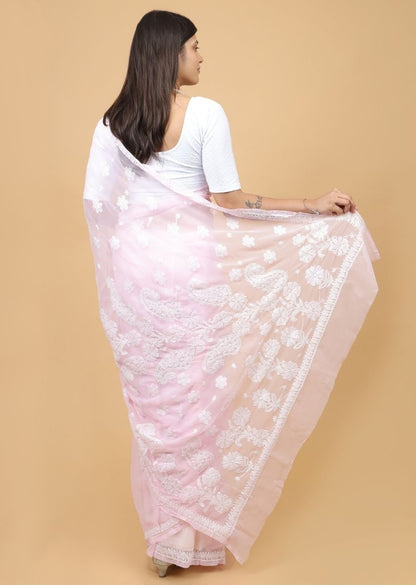Firgun Blush Pink Lucknowi Chikankari Georgette Saree with Unstitched Blouse Piece