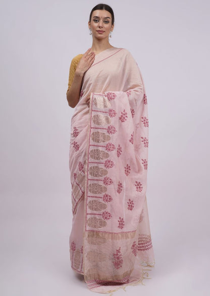 Firgun Pink Lucknowi Chikankari Chanderi Tissue Saree with Unstitched Blouse Piece