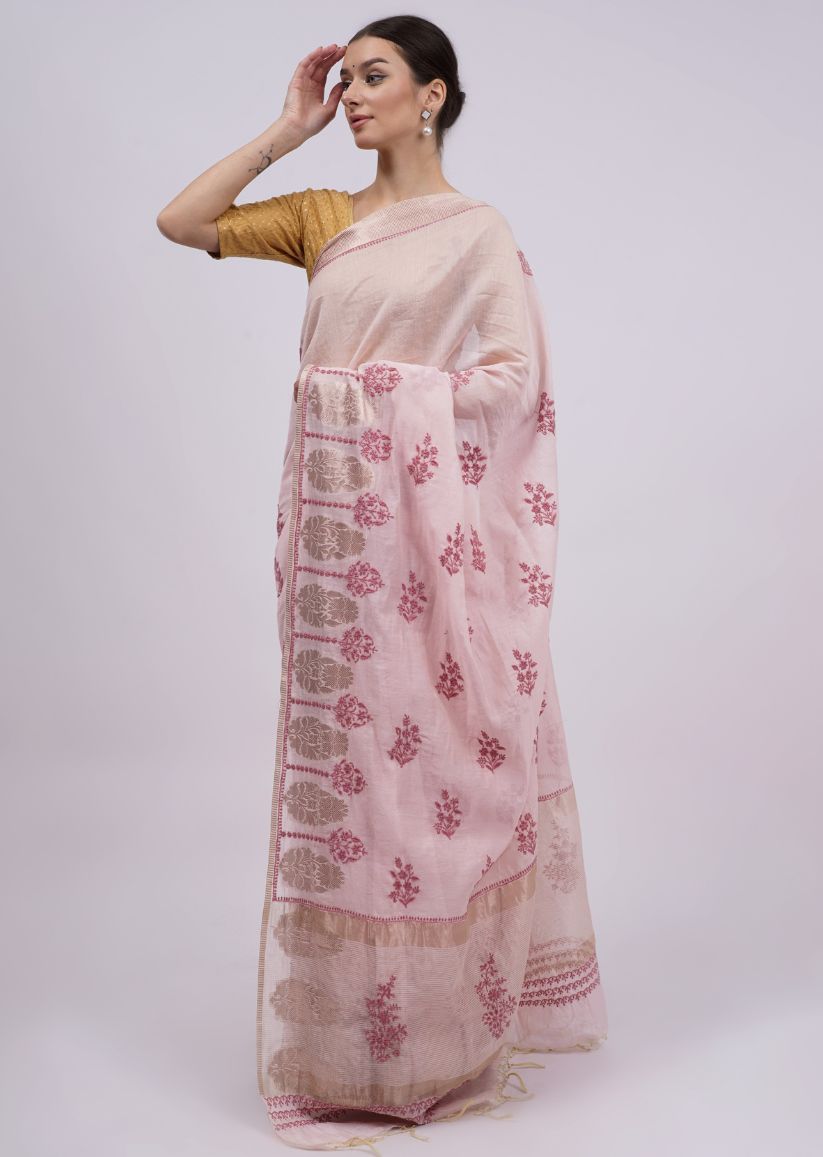 Firgun Pink Lucknowi Chikankari Chanderi Tissue Saree with Unstitched Blouse Piece