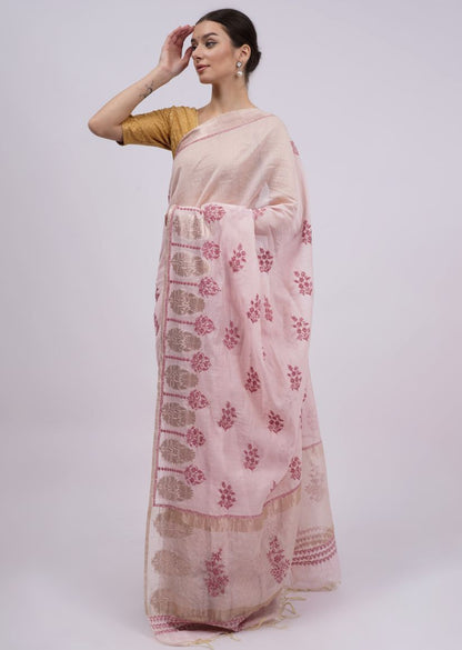 Firgun Pink Lucknowi Chikankari Chanderi Tissue Saree with Unstitched Blouse Piece