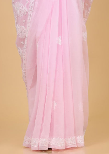 Firgun Blush Pink Lucknowi Chikankari Georgette Saree with Unstitched Blouse Piece