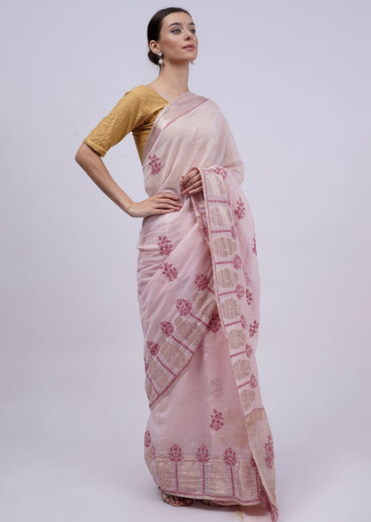 Firgun Pink Lucknowi Chikankari Chanderi Tissue Saree with Unstitched Blouse Piece