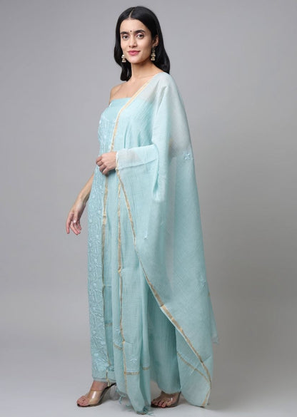 Firgun Mint Green Lucknowi Chikankari Mul Chanderi Unstitched Kurta & Dupatta Set